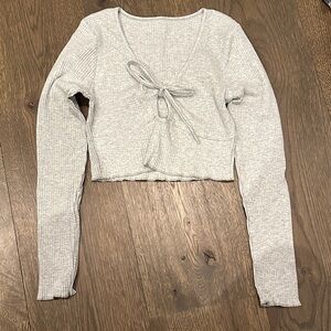 Gray Ribbed Long Sleeve Tie-Front Top